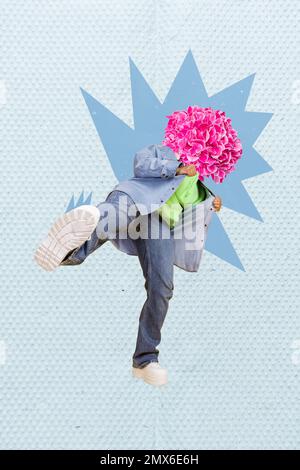 Image de collage vertical de la fleur excitée de personne fraîche au lieu de la tête de jambe montrant chaussures chaussure isolée sur fond peint Banque D'Images