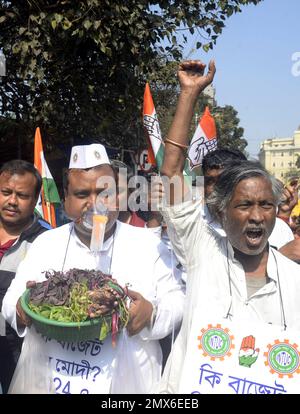 Kolkata, Inde. 2nd févr. 2023. Les militants du Congrès prennent part à une manifestation pour protester contre le budget de l'Union gaïanst. Sur 2 février 2023, Kolkata, Inde. (Credit image: © Saikat Paul/eyepix via ZUMA Press Wire) USAGE ÉDITORIAL SEULEMENT! Non destiné À un usage commercial ! Banque D'Images