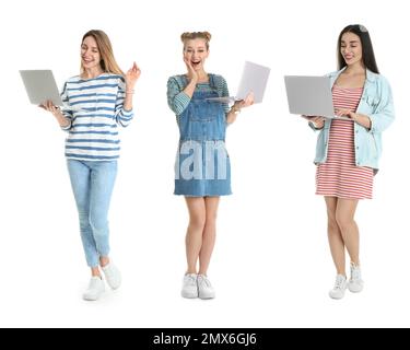 Collage de femmes avec des ordinateurs portables sur fond blanc Banque D'Images