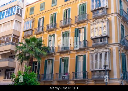 Bâtiments résidentiels extériours décorés dans la ville de Malaga, Andalousie, Espagne avec des palmiers , Banque D'Images