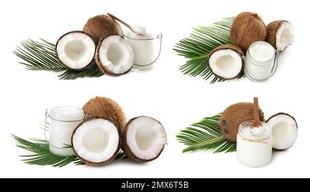Ensemble de noix de coco et d'huile de cuisson biologique sur fond blanc Banque D'Images