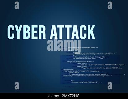 Phrase Cyber Attack et code source sur fond sombre Banque D'Images