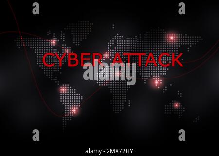 Expression Cyber Attack et carte numérique du monde avec des lumières en arrière-plan Banque D'Images