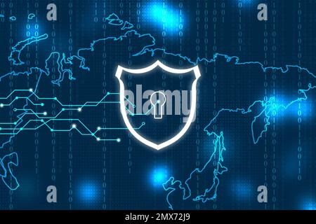Bouclier avec trou de serrure et carte du monde en arrière-plan. Concept de prévention des cyberattaques Banque D'Images