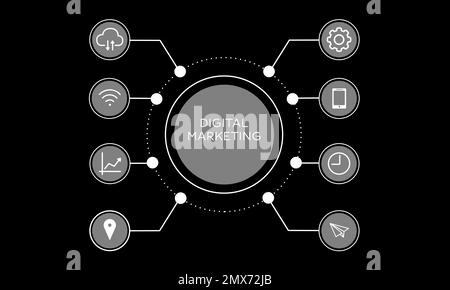 Orientation marketing numérique. Schéma avec icônes sur fond noir Banque D'Images