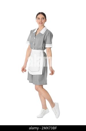 Jeune femme en uniforme sur fond blanc Banque D'Images