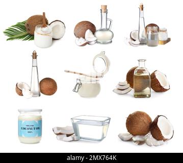 Ensemble de noix de coco et d'huile de cuisson biologique sur fond blanc Banque D'Images