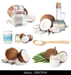 Ensemble de noix de coco et d'huile de cuisson biologique sur fond blanc Banque D'Images