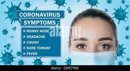 Femme avec masque médical et liste des symptômes du coronavirus Banque D'Images