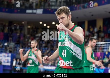 Tbilissi, Géorgie, 6 septembre 2022. Aleksandar Vezenkov, de Bulgarie, célèbre la victoire lors de l'Eurobasket 2022 de la FIBA, un match du groupe A entre la Géorgie et la Bulgarie à l'Arena de Tbilissi à Belgrade, Serbie. 6 septembre 2023. Crédit : Nikola Krstic/Alay Banque D'Images