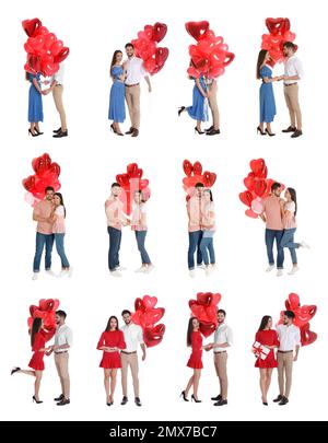 Collage de jeunes couples heureux avec ballons en forme de cœur sur fond blanc Banque D'Images