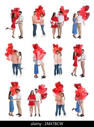 Collage de jeunes couples heureux avec ballons en forme de cœur sur fond blanc Banque D'Images