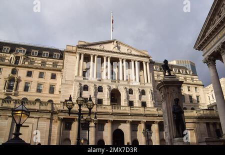 Londres, Royaume-Uni. 02nd févr. 2023. Un point de vue général de la Banque d'Angleterre, car elle fait monter les taux d'intérêt britanniques à 4%. (Photo de Vuk Valcic/SOPA Images/Sipa USA) crédit: SIPA USA/Alay Live News Banque D'Images