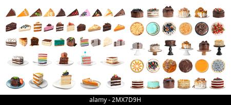 Ensemble de délicieux gâteaux différents isolés sur blanc. Bannière Banque D'Images