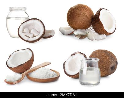 Ensemble de noix de coco et d'huile de cuisson biologique sur fond blanc Banque D'Images