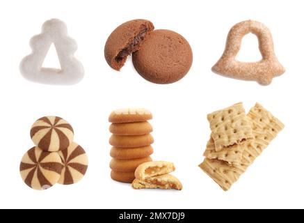 Ensemble de différents délicieux biscuits sur fond blanc Banque D'Images