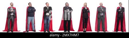 groupe de personnes en imperméable rouge isolé sur blanc Banque D'Images