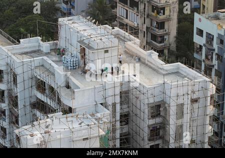 INDE, Mumbai, tour d'appartement en cours de rénovation, échafaudage avec des poteaux de bambou attachés avec des cordes de jute / INDIEN, Mumbai, Wohnhaus mit Baugerüst aus Bambus Banque D'Images