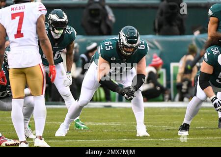 The Philadelphia Eagles offensive line against the New York Giants during  an NFL divisional round playoff football game, Saturday, Jan. 21, 2023, in  Philadelphia. The Eagles defeated the Giants 38-7.(AP Photo/Rich Schultz