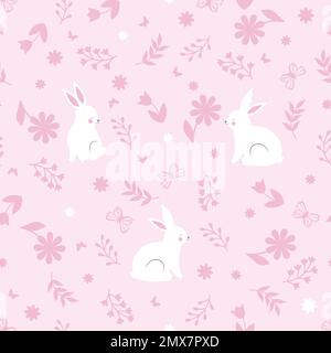 Joli motif sans couture avec fleurs et feuilles roses et lapin Illustration de Vecteur