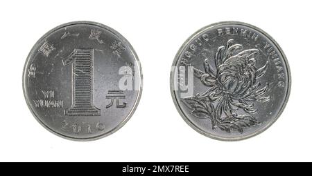 Les deux côtés de la pièce de monnaie chinoise Yuan de 1 (2016) avec la fleur de Chrysanthemum sur le côté opposé. Banque D'Images