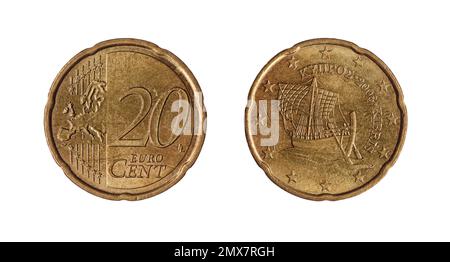 Les deux côtés de la pièce de 20 cents d'euros minted à Chypre (2008) avec Kyrenia navire, un navire de commerce datant de 4c av. J.-C., sur le côté opposé. Banque D'Images