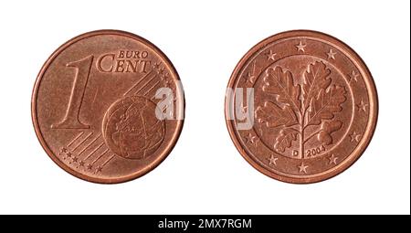 Les deux côtés de la pièce de 1 euro cent minted en Allemagne (2004) avec une brindille de chêne, symbolisant la stabilité, entouré des douze étoiles sur l'inverse. Banque D'Images