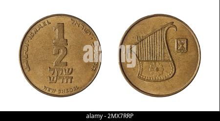 Les deux côtés de la pièce de 1/2 du nouveau shekel israélien avec une harpe à douze cordes ressemblant au sceau de la princesse Ma'adana. Banque D'Images