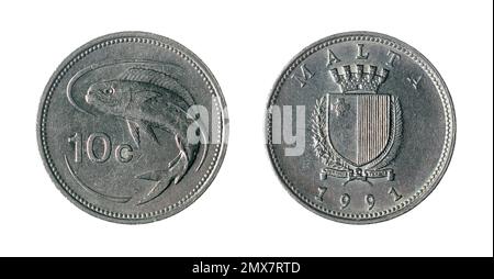 Les deux faces de la pièce de 10 cents maltais (1991) avec du poisson lampuki (nom maltais de dorado ou mahi-mahi) et des armoiries nationales. Banque D'Images