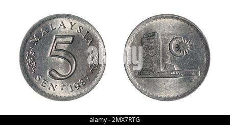 Les deux côtés de la pièce Malaysian sen de 5 (1987) avec la Maison du Parlement de Malaisie à Kuala Lumpur. Banque D'Images