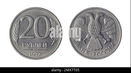 Les deux côtés de la pièce de 20 roubles russes (1992) avec un aigle à double tête sur le côté opposé. Banque D'Images
