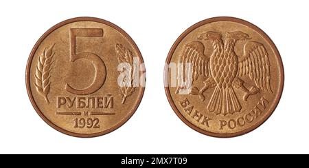Les deux côtés de la pièce de 5 roubles russes (1992) avec un aigle à double tête sur le côté opposé. Banque D'Images