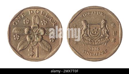 Les deux côtés de la pièce de monnaie de 1 dollar de Singapour (2006) représentant une usine de Periwinkle (Lochnera rosea) et des armoiries de Singapour. Banque D'Images