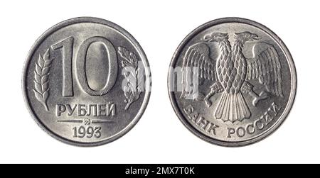 Les deux côtés de la pièce de 10 roubles russes (1993) avec un aigle à double tête sur le côté opposé. Banque D'Images