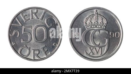 Les deux côtés de la pièce de monnaie Öre suédoise de 50 (1990) présentant le monogramme couronné du roi Carl XVI Gustaf de Suède. Banque D'Images
