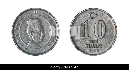 Les deux côtés de la pièce de monnaie turque de 10 kuruş (2005) avec le buste de Mustafa Kemal Atatürk du côté opposé. Banque D'Images