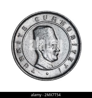 Buste de Mustafa Kemal Atatürk, homme d'État révolutionnaire turc et président de 1st, présenté du côté opposé de la pièce kuruş turque de 10. Banque D'Images