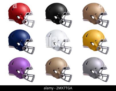 Casques de football vue latérale dans plusieurs couleurs isolées sur blanc Banque D'Images