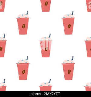Motif sans couture avec café glacé dans une tasse en papier à la crème et à la paille. Fond vectoriel plat dessiné à la main avec boisson froide pour le papier d'emballage, la conception de toile. Illustration de Vecteur