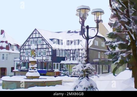 Brilon place du marché avec fontaine et maison à colombages dans la neige profonde. Hiver 2010. Vecteur d'illustration en style poly bas. Illustration de Vecteur