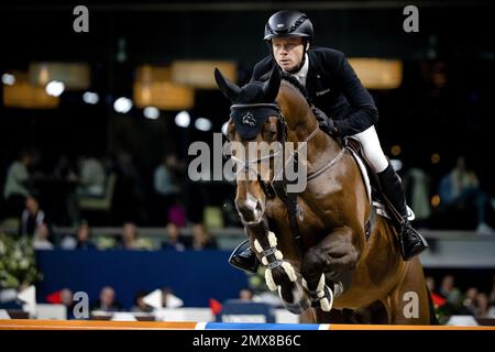 AMSTERDAM - Rider Willem Greve (NED) sur Grandorado TN NOP lors de la coupe du monde de saut FEI au Jumping Amsterdam 2023 au RAI Amsterdam sur 29 janvier 2023 à Amsterdam, pays-Bas. AP SANDER KING Banque D'Images