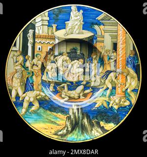 Plaque de majolica avec inondation du Tibre (1531) par Francesco Xanto Avelli, Milan, Castello Sforzesco. Banque D'Images