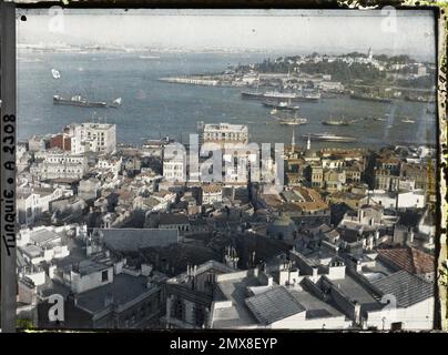 Constantinople (Istanbul actuelle), Turquie le fond de la corne dorée et l'entrée du Bosphore, depuis le sommet de la tour de Galata (rive gauche, nord) , 1913 - Balkans - Jean Brunhes et Auguste Léon - (23 avril - 9 juin) Banque D'Images