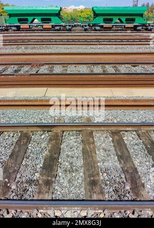 Les wagons de marchandises sont arrêtés sur la voie ferrée. Transport ferroviaire de marchandises Banque D'Images