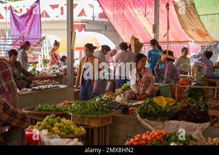 Une femme dont les cheveux sont fleuris a tendance à produire une plante sur un marché local au Myanmar (Birmanie). Banque D'Images