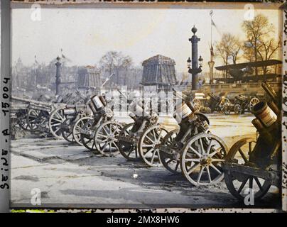 Paris (8th arr.), France affiches tricolores sur les canons des trophées de guerre place de la Concorde , Banque D'Images