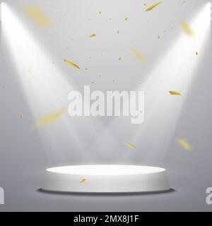 Confettis d'or avec podium et spots. Fond vectoriel avec confetti. Illustration de Vecteur