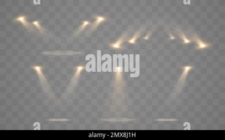 Lumière d'arrière-plan de spots dorés. Effet de lumière vectorielle isolée avec lumières et faisceaux. Illustration de Vecteur