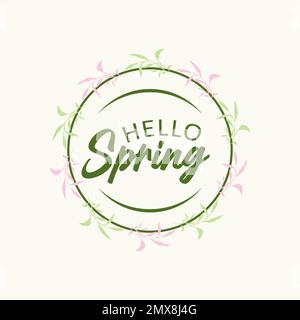 Badge typographique icône Hello Spring main logotype. Lettrage printemps lettrage rétro bannière affiche modèle fond.EPS 10 Illustration de Vecteur