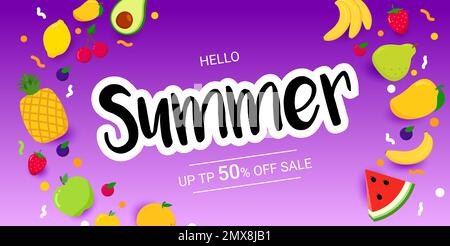 Bannière horizontale de solde d'été avec fruits lumineux sur fond violet. Illustration de Vecteur